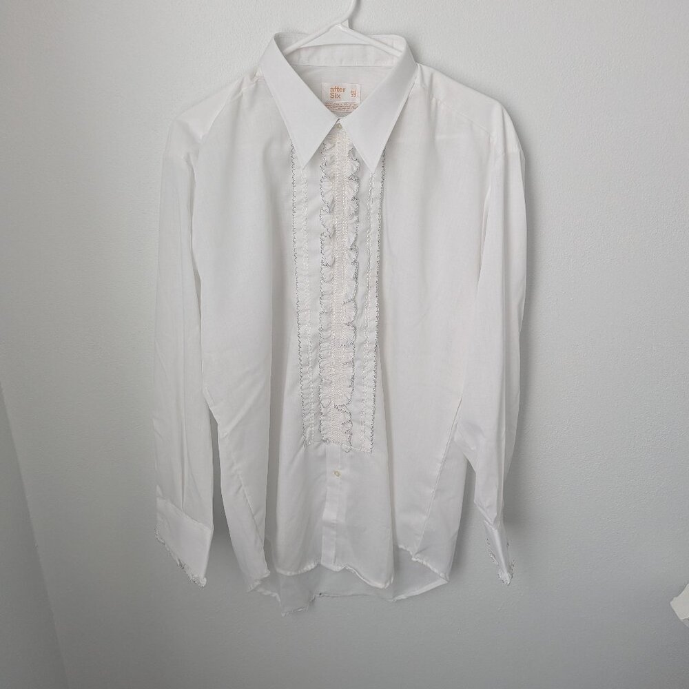 Vintage After Six Men's White 70s Blue Ruffle Tux Shirt, 16.5/33